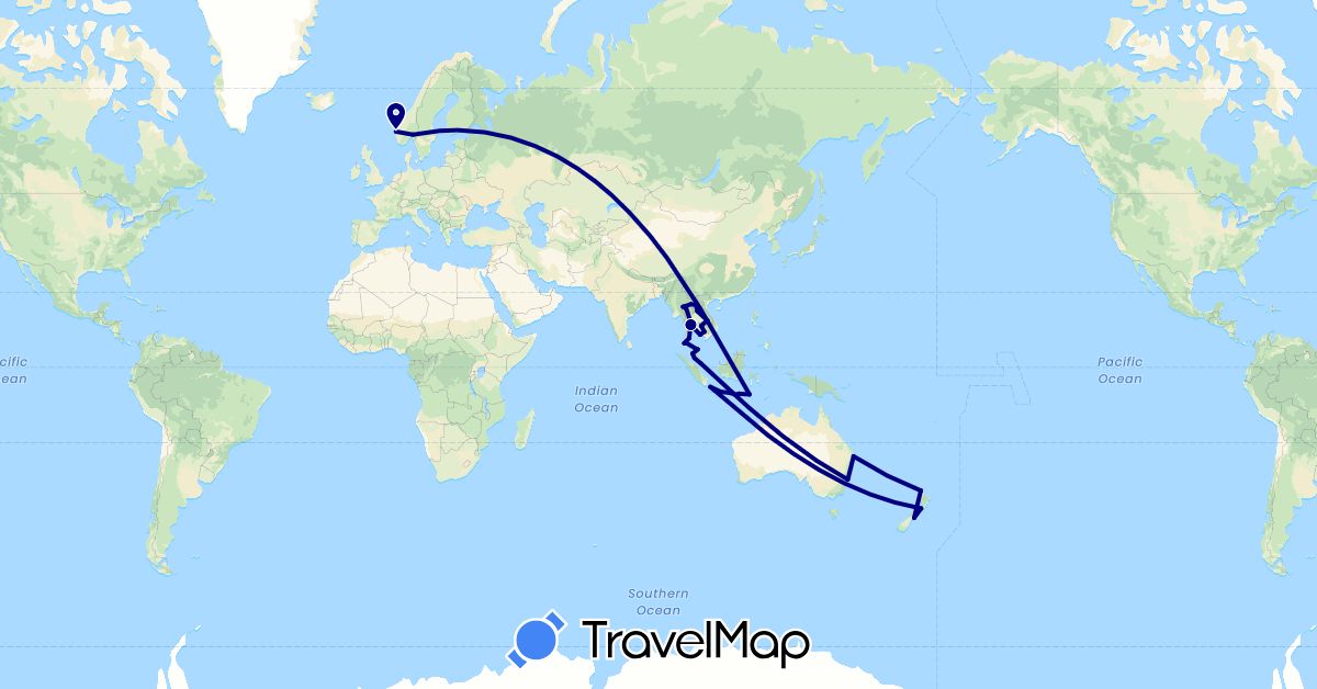 TravelMap itinerary: driving in Australia, Indonesia, Cambodia, Laos, Malaysia, Norway, New Zealand, Singapore, Thailand (Asia, Europe, Oceania)